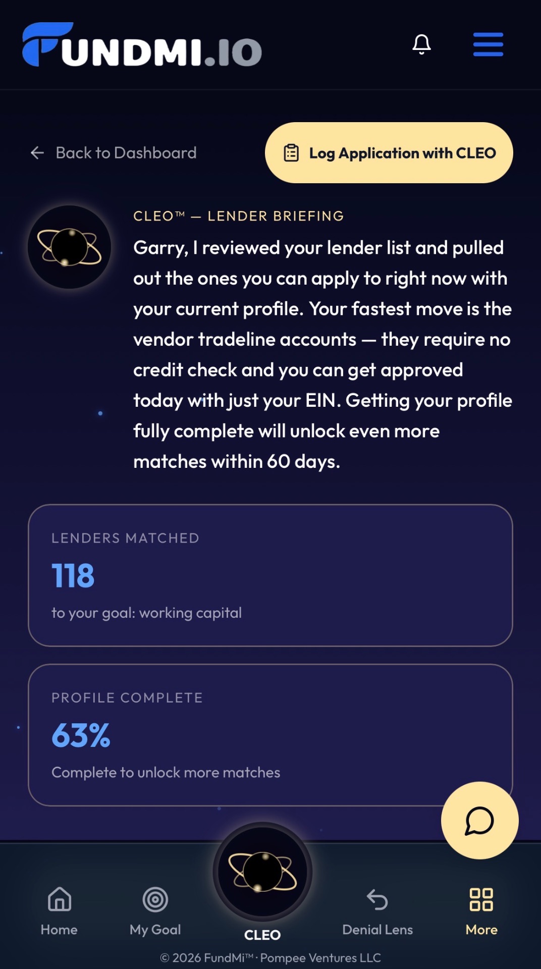CLEO Lender Match showing 118 matched lenders and 63% profile completion