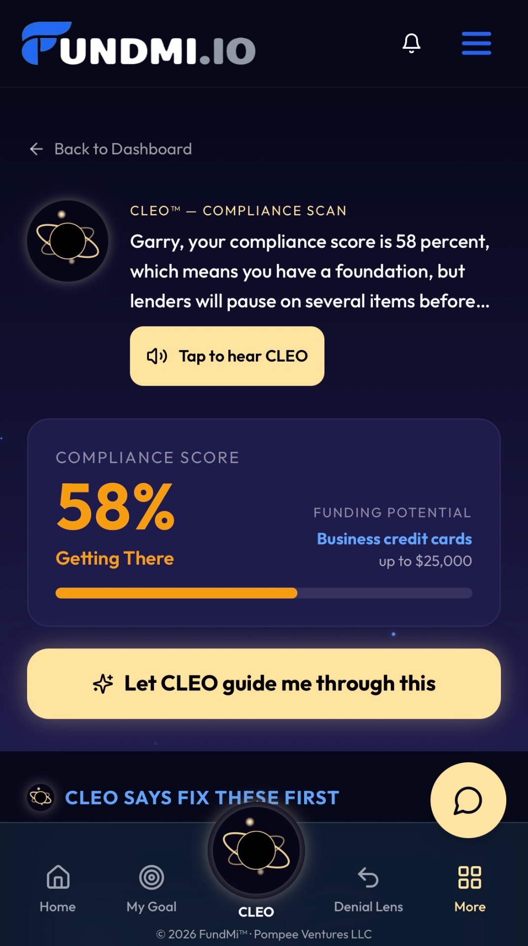 CLEO Compliance Scanner showing a 58% compliance score, funding potential, and CLEO guidance