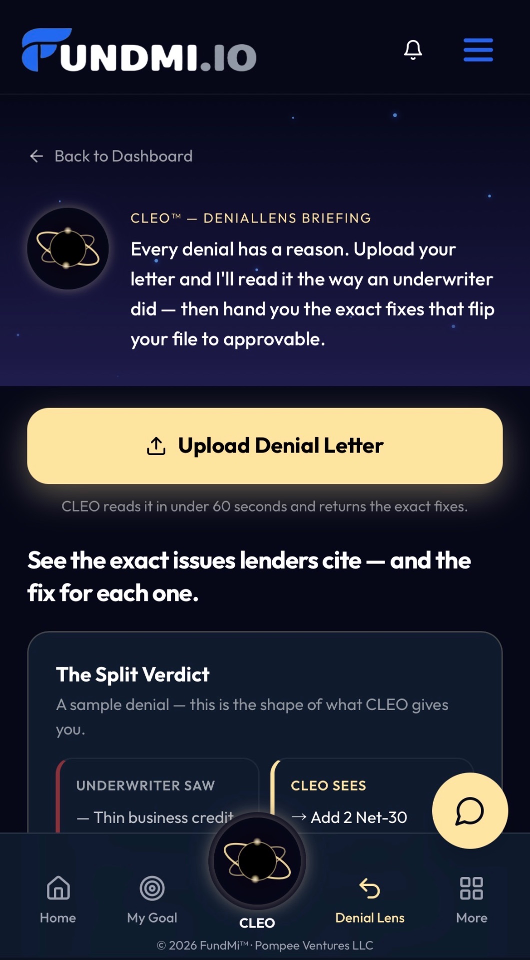 CLEO Denial Lens showing upload denial letter and split verdict analysis