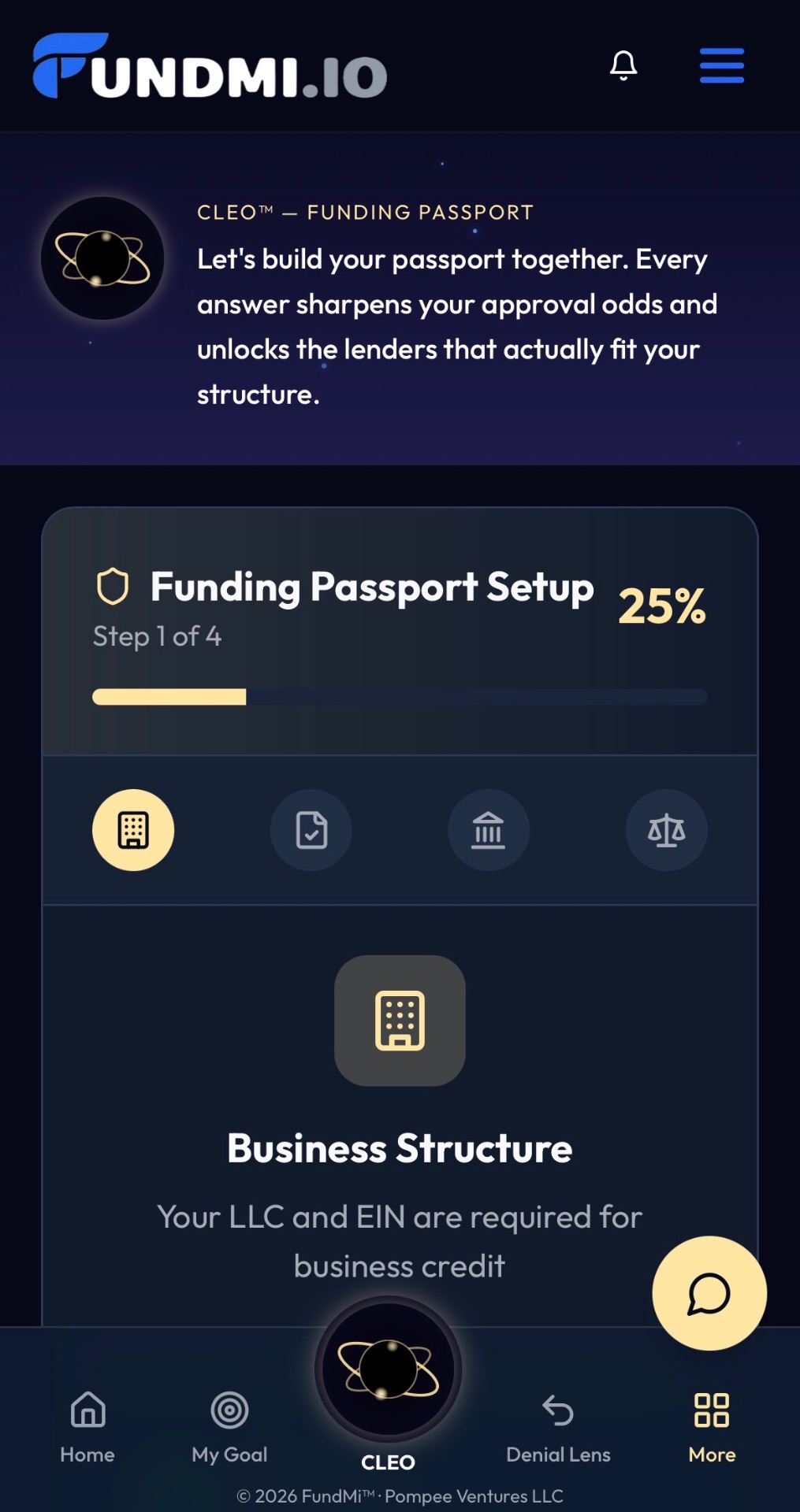 CLEO Funding Passport showing step 1 of 4 with 25% setup complete and business structure requirements